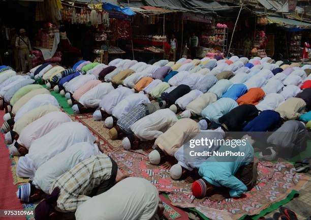 Indian muslims offer prayers on the last congregational friday of the holy month of Ramadan, following the Muslim Festival Eid al-Fitr ,the biggest...