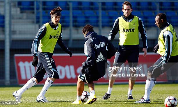 Real Madrid players Kaka, Marcelo, Christoph Metzelder and Mahamadou Diarra during a training session at Valdebebas on March 8, 2010 in Madrid, Spain.
