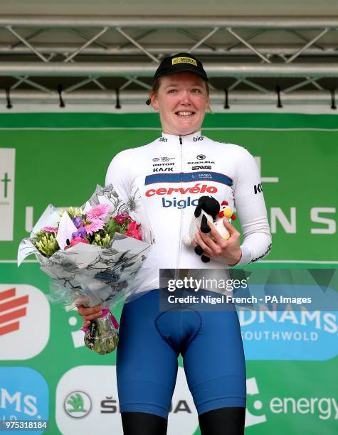 Combativity jersey winner Ann-Sophie Duyck celebrates on the podium after stage three of the OVO Energy Women's Tour from Atherstone to Royal...