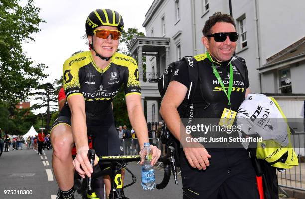 Arrival / Sarah Roy of Australia and Team Mitchelton-Scott / Bruce Caretti of Italy Soigneur Team Mitchelton Scott / Celebration / during the 5th OVO...