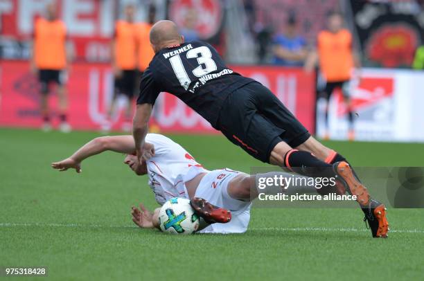 May 2018, Germany, Nuremberg: Soccer, 2. Bundesliga, 1. FC Nuremberg vs Fortuna Duesseldorf at the Max-Morlock-Stadium. Nuremberg's Tobias Werner and...