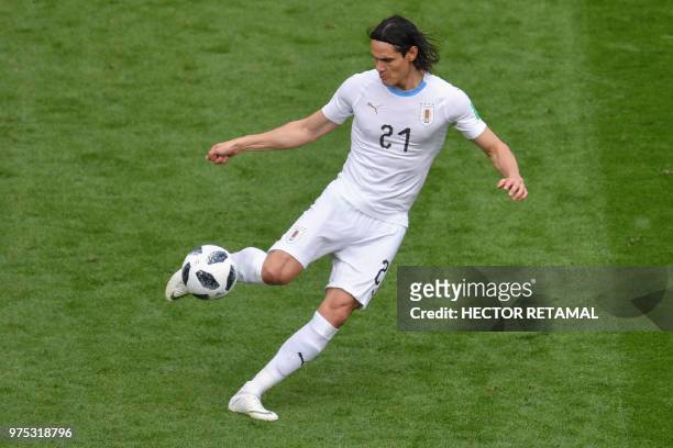 Uruguay's forward Edinson Cavani kicks the ball during the Russia 2018 World Cup Group A football match between Egypt and Uruguay at the Ekaterinburg...