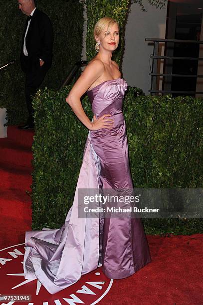 Actress Charlize Theron arrives at the 2010 Vanity Fair Oscar Party hosted by Graydon Carter held at Sunset Tower on March 7, 2010 in West Hollywood,...