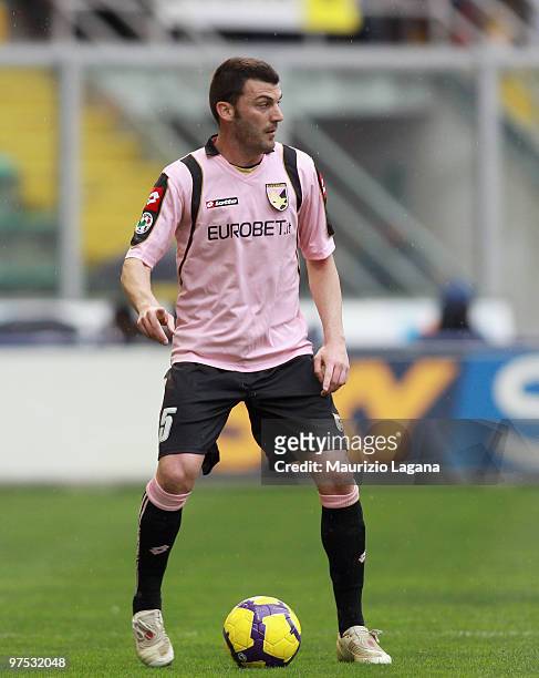 Cesare Bovo of US Citta' di Palermo is shown in action during the Serie A match between US Citta di Palermo and AS Livorno Calcio at Stadio Renzo...