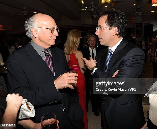 Actors Larry David and Jerry Seinfeld attend the 2010 Vanity Fair Oscar Party hosted by Graydon Carter at the Sunset Tower Hotel on March 7, 2010 in...