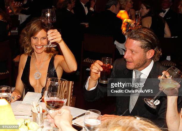 Actress Hilary Swank and Lapo Elkann attend the 2010 Vanity Fair Oscar Party hosted by Graydon Carter at the Sunset Tower Hotel on March 7, 2010 in...