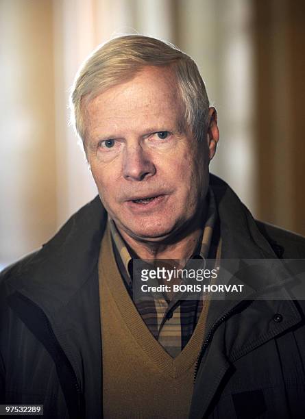 Andre Bamberski, father of Kalinka Bamberski, who died mysteriously in 1982, answers journalists' questions on March 3, 2010 at Paris' courthouse,...