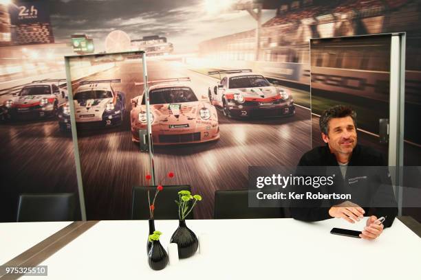 Actor, race driver and team owner Patrick Dempsey attends a Porsche media session during previews to the Le Mans 24 Hour race at the Circuit de la...