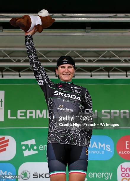 Elisa Longo Borginhi on the podium after stage three of the OVO Energy Women's Tour from Atherstone to Royal Leamington Spa.