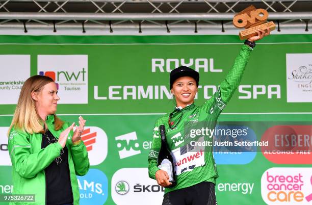 Podium / Coryn Rivera of The United States and Team Sunweb Green Leader Jersey / Celebration / during the 5th OVO Energy Women's Tour 2018, Stage 3 a...