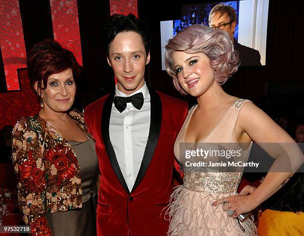 Sharon Osbourne, figure skater Johnny Weir and Kelly Osbourne wearing Sue Wong attend the 18th Annual Elton John AIDS Foundation Oscar party held at...