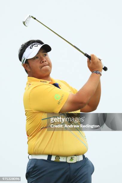 Kiradech Aphibarnrat of Thailand plays his shot from the 13th tee during the second round of the 2018 U.S. Open at Shinnecock Hills Golf Club on June...