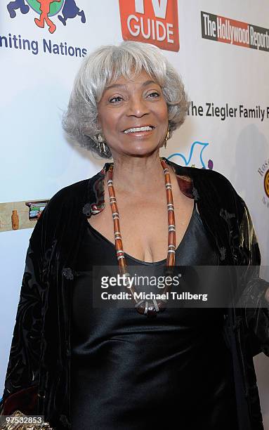 Actress Nichelle Nichols arrives at the 11th Annual Children Uniting Nations Oscar Celebration, held at the Beverly Hilton Hotel on March 7, 2010 in...