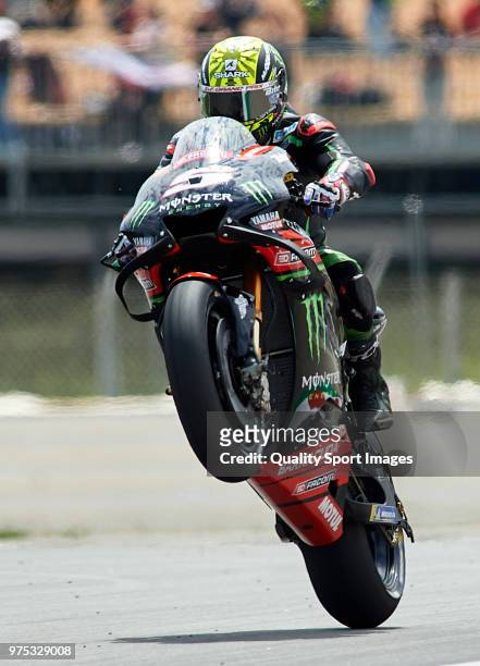 Johann Zarco of France and Monster Yamaha Tech 3 lifts the front wheel during free practice for the MotoGP of Catalunya at Circuit de Catalunya on...