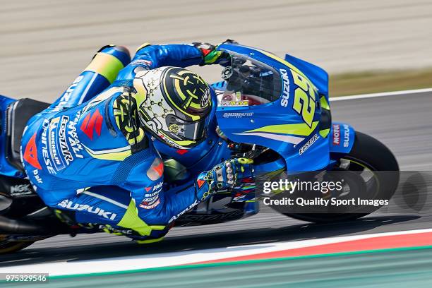 Andrea Iannone of Italy and Team Suzuki ECSTAR rides during free practice for the MotoGP of Catalunya at Circuit de Catalunya on June 15, 2018 in...