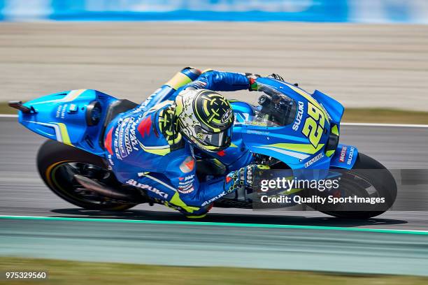 Andrea Iannone of Italy and Team Suzuki ECSTAR rides during free practice for the MotoGP of Catalunya at Circuit de Catalunya on June 15, 2018 in...