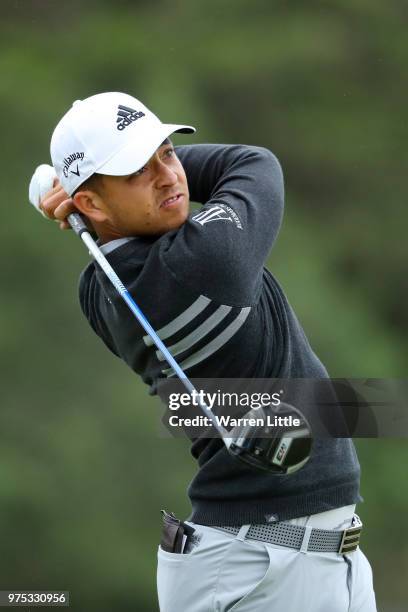 Xander Schauffele of the United States plays his shot from the sixth tee during the second round of the 2018 U.S. Open at Shinnecock Hills Golf Club...