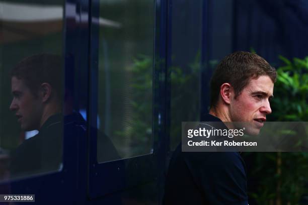 Paul Di Resta of Great Britain and the United Autosports team is interviewed by the media during previews to the Le Mans 24 Hour race at the Circuit...