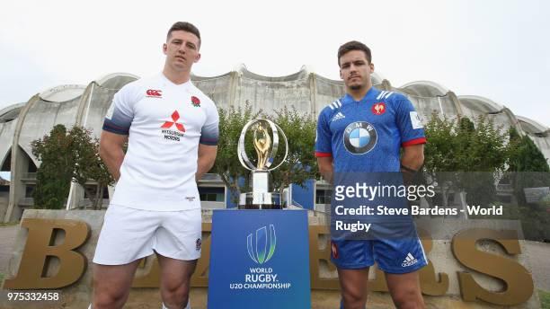 England U20 rugby captain Ben Curry poses with France U20 rugby captain Arthur Coville during the World Rugby via Getty Images U20 Championship Final...