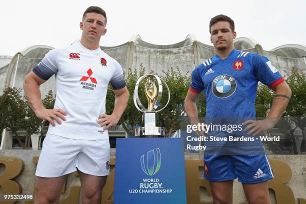 England U20 rugby captain Ben Curry poses with France U20 rugby captain Arthur Coville during the World Rugby via Getty Images U20 Championship Final...