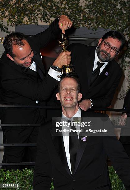 Up" Producer Jonas Rivera, writer/director Pete Docter and co-director Bob Peterson arrive at the 2010 Vanity Fair Oscar Party hosted by Graydon...