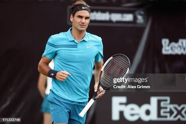 Roger Federer of Switzerland celebrates a point during his match against Guido Pella of Argentina during day 5 of the Mercedes Cup at Tennisclub...