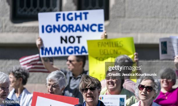 Protesters demonstrate before U.S. Attorney General Jeff Sessions delivers remarks on immigration and law enforcement actions at Lackawanna College...