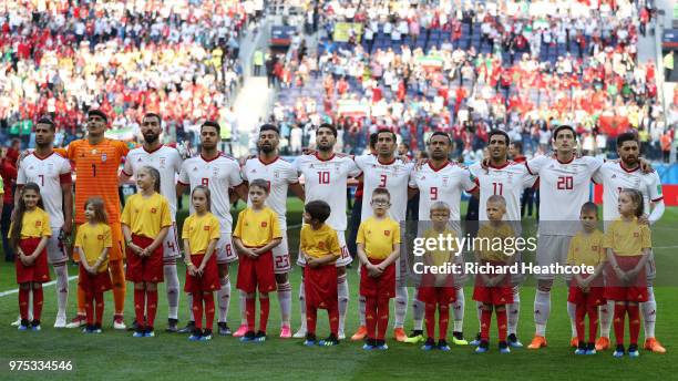 The Iran team sing their national anthem prior to the 2018 FIFA World Cup Russia group B match between Morocco and Iran at Saint Petersburg Stadium...