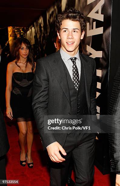 Musician Nick Jonas attends the 2010 Vanity Fair Oscar Party hosted by Graydon Carter at the Sunset Tower Hotel on March 7, 2010 in West Hollywood,...