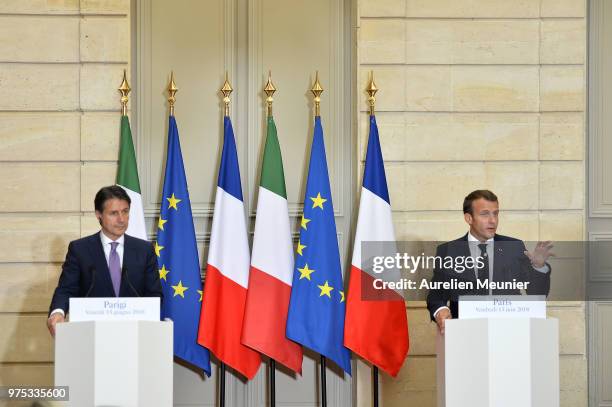 French President Emmanuel Macron receives Italian Prime Minister, Giuseppe Conte for a meeting at Elysee Palace on June 15, 2018 in Paris France....