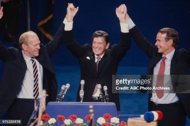 Former President Gerald Ford, Ronald Reagan, George HW Bush at the 1980 Republican National Convention, Joe Louis Arena in Detroit, Michigan, July,...