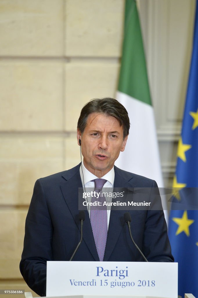 French President Emmanuel Macron Receives Giuseppe Conte, Italy's Prime Minister At Elysee Palace