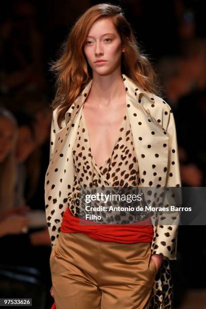 Model walks the runway during the Emmanuel Ungaro Ready to Wear show as part of the Paris Womenswear Fashion Week Fall/Winter 2011 at Hotel Westin on...