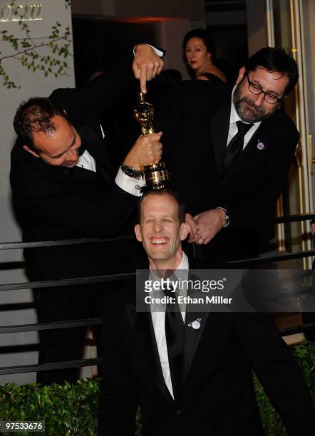 Up" Producer Jonas Rivera, writer/director Pete Docter and co-director Bob Peterson arrive at the 2010 Vanity Fair Oscar Party hosted by Graydon...