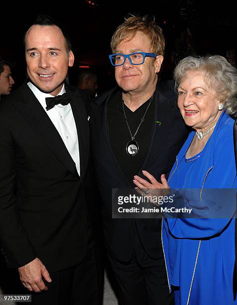 David Furnish, Sir Elton John and actress Betty White attend the 18th Annual Elton John AIDS Foundation Oscar party held at Pacific Design Center on...