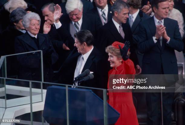 Washington, DC Tip O'Neill, Mark Hatfield, George HW Bush, Ronald Reagan, Nancy Reagan at Reagan's first inauguration, United States Capitol in...