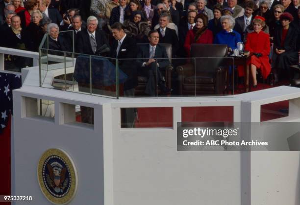 Washington, DC Strom Thurmond, Tip O'Neill, Ronald Reagan, George HW Bush, Mark Hatfield, Barbara Bush, Nancy Reagan, Reagan speaking during Reagan's...
