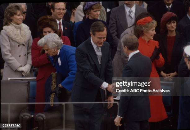 Barbara Bush, George HW Bush, Nancy Reagan at the first inauguration of Ronald Reagan, Tuesday, January 20, 1981.