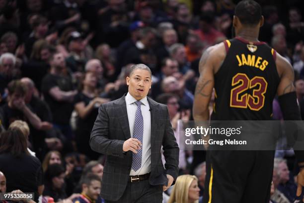 Finals: Cavaliers head coach Tyronn Lue talks to LeBron James during game vs Golden State Warriors at Quicken Loans Center. Game 3. Cleveland, OH...