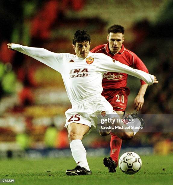 Gianni Guigou of Roma scores the first goal during the Liverpool v Roma UEFA Cup Fourth round, second leg match at Anfield, Liverpool. Mandatory...