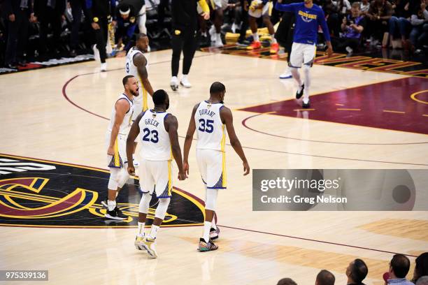 Finals: Golden State Warriors Kevin Durant victorious with Draymond Green and Stephen Curry during game vs Cleveland Cavaliers at Quicken Loans...