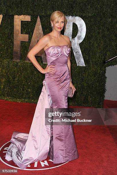 Actress Charlize Theron arrives at the 2010 Vanity Fair Oscar Party hosted by Graydon Carter held at Sunset Tower on March 7, 2010 in West Hollywood,...