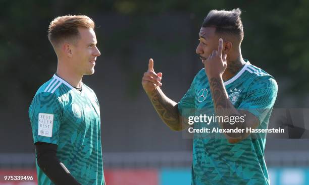 Jerome Boateng jokes with team mate Marc Andre ter Stegen during the Germany Training And Press Conference at Sport Base Vatutinki on June 15, 2018...