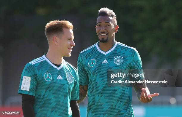 Jerome Boateng jokes with team mate Marc Andre ter Stegen during the Germany Training And Press Conference at Sport Base Vatutinki on June 15, 2018...