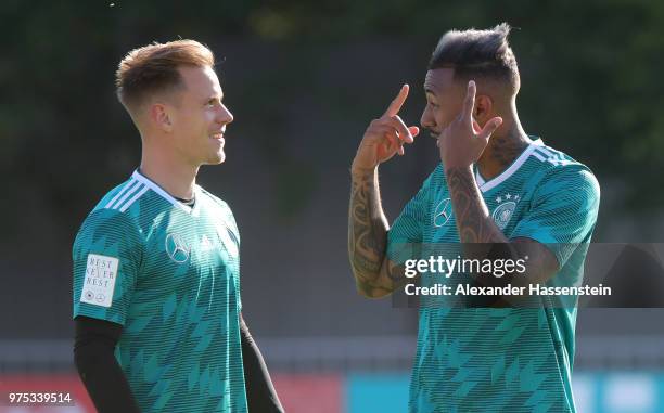 Jerome Boateng jokes with team mate Marc Andre ter Stegen during the Germany Training And Press Conference at Sport Base Vatutinki on June 15, 2018...