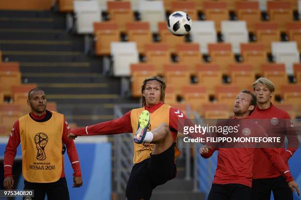 Denmark's defender Jannik Vestergaard controls the ball as he takes part in a training session of Denmark's national football team at the Mordovia...
