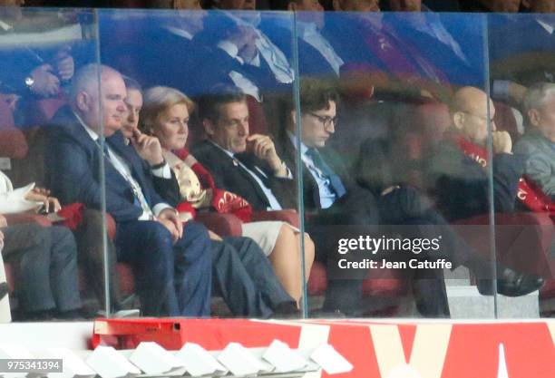 Former French President Nicolas Sarkozy and his son Jean Sarkozy during the 2018 FIFA World Cup Russia group A match between Russia and Saudi Arabia...