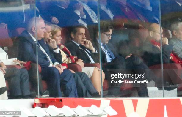 Former French President Nicolas Sarkozy and his son Jean Sarkozy during the 2018 FIFA World Cup Russia group A match between Russia and Saudi Arabia...
