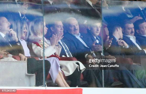 Prime Minister of Russia Dmitry Medvedev, President of Belarus Alexander Lukashenko during the 2018 FIFA World Cup Russia group A match between...