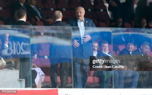 President of Belarus Alexander Lukashenko with President of Russia Vladimir Putin while Prime Minister of Russia Dmitry Medvedev looks on during the...